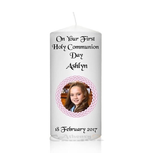 Communion Photo Candle Pink Round Frame