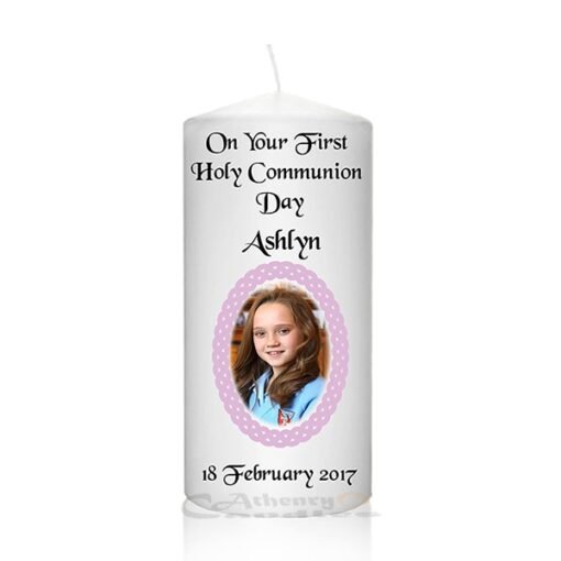 Communion Photo Candle Pink Braided Frame