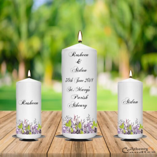 Wedding Unity Candle Set Purple Flowers