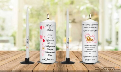 Wedding Unity Candle Set And Remembrance Candle Red Hearts With the Gold Ring