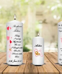 Wedding Unity Candle Set And Remembrance Candle Red Hearts With the Gold Ring