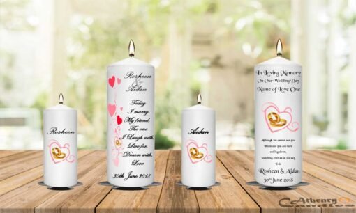 Wedding Unity Candle Set And Remembrance Candle Red Hearts With the Gold Ring