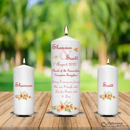 Wedding Unity Candle Set Watercolor Orange Floral