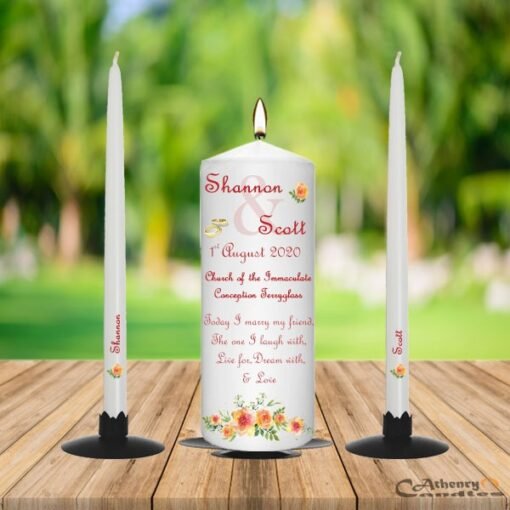 Wedding Unity Candle Set Watercolor Orange Floral