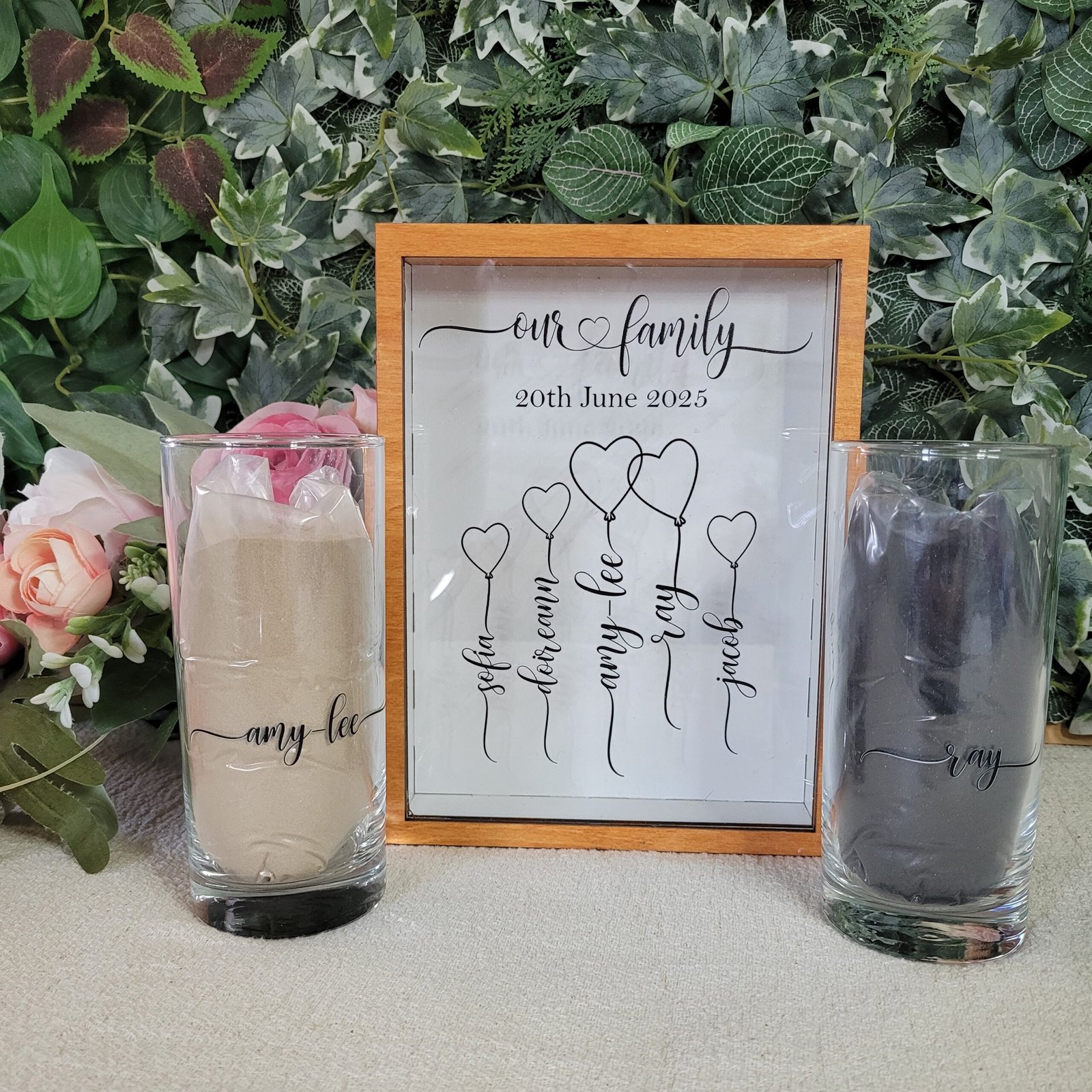 Personalised Our Family Balloon Wood Wedding Sand Ceremony Set – Handmade in Ireland