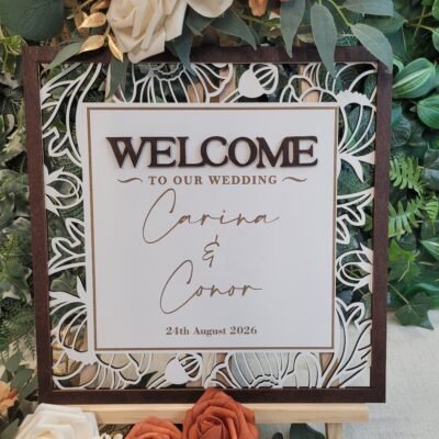 Personalised Botanical Panel wedding welcome sign with layered floral background