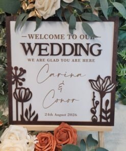 Personalised Floral Frame wedding welcome sign with dark wooden border