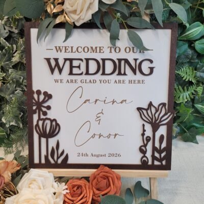 Personalised Floral Frame wedding welcome sign with dark wooden border