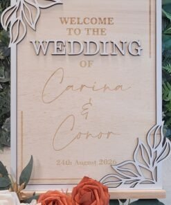 Personalised Leaf Frame Wedding Welcome Sign with layered botanical corner details