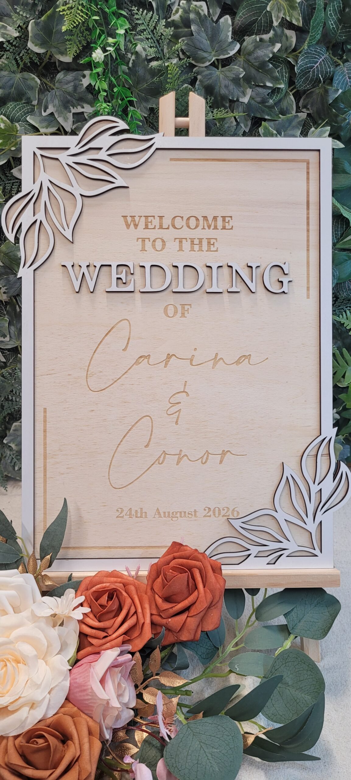 Personalised Leaf Frame Wedding Welcome Sign with layered botanical corner details