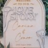 Personalised Love Story wedding welcome sign with arched wooden design and layered lettering