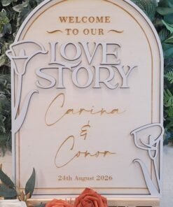 Personalised Love Story wedding welcome sign with arched wooden design and layered lettering
