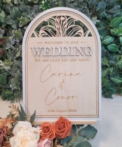 Personalised botanical arch wedding welcome sign in natural and white wood