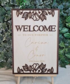 Personalised Forever Frame wedding welcome sign with full dark wooden border