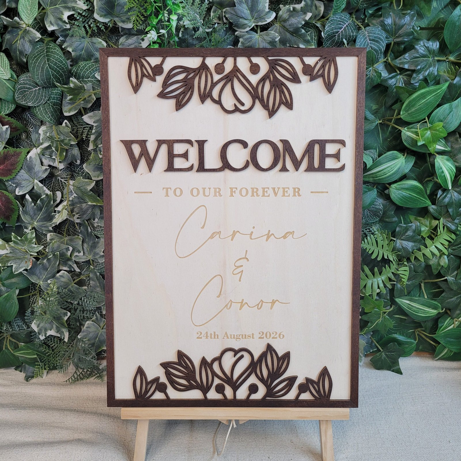 Personalised Forever Frame wedding welcome sign with full dark wooden border
