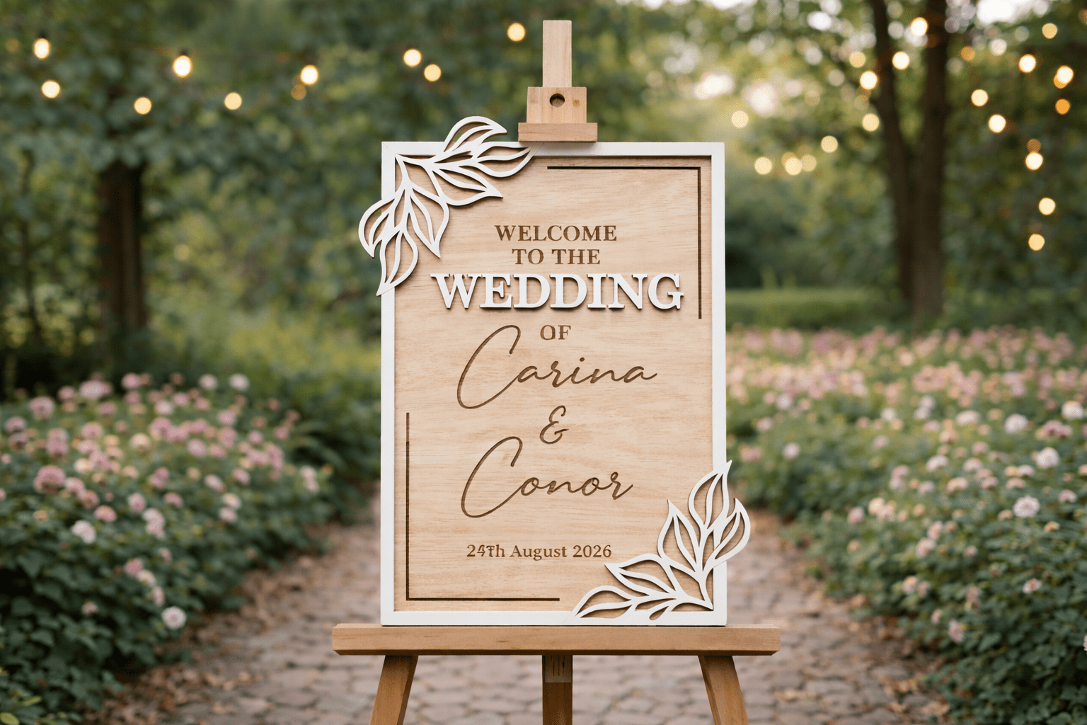 Handmade wooden wedding welcome board with layered leaf corner accents