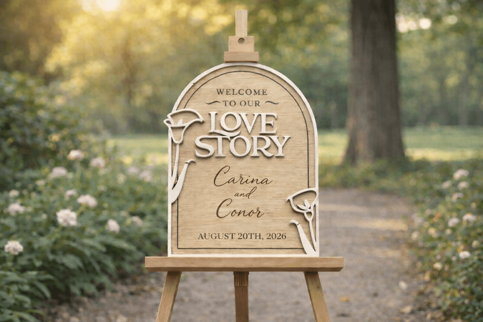 Love Story wedding welcome board in natural wood finish displayed on easel