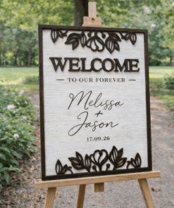 Forever wedding welcome board in natural and brown finish displayed on easel