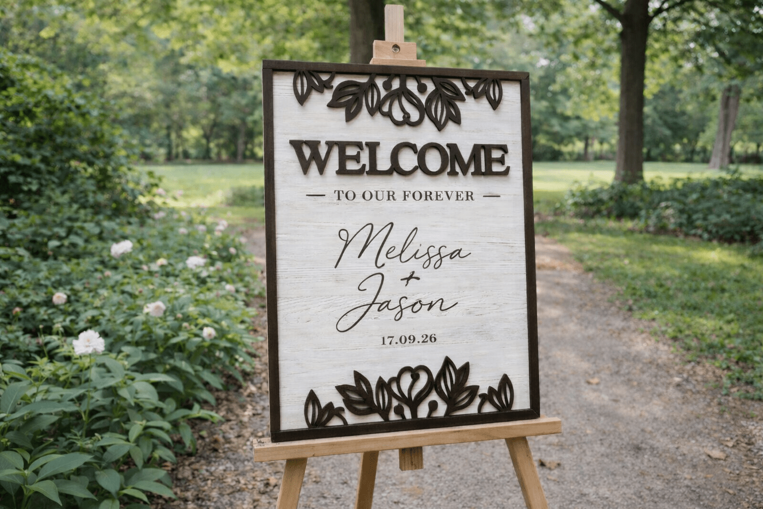 Forever wedding welcome board in natural and brown finish displayed on easel