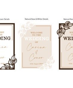 Wooden wedding welcome sign with raised lettering and decorative leaf frame design