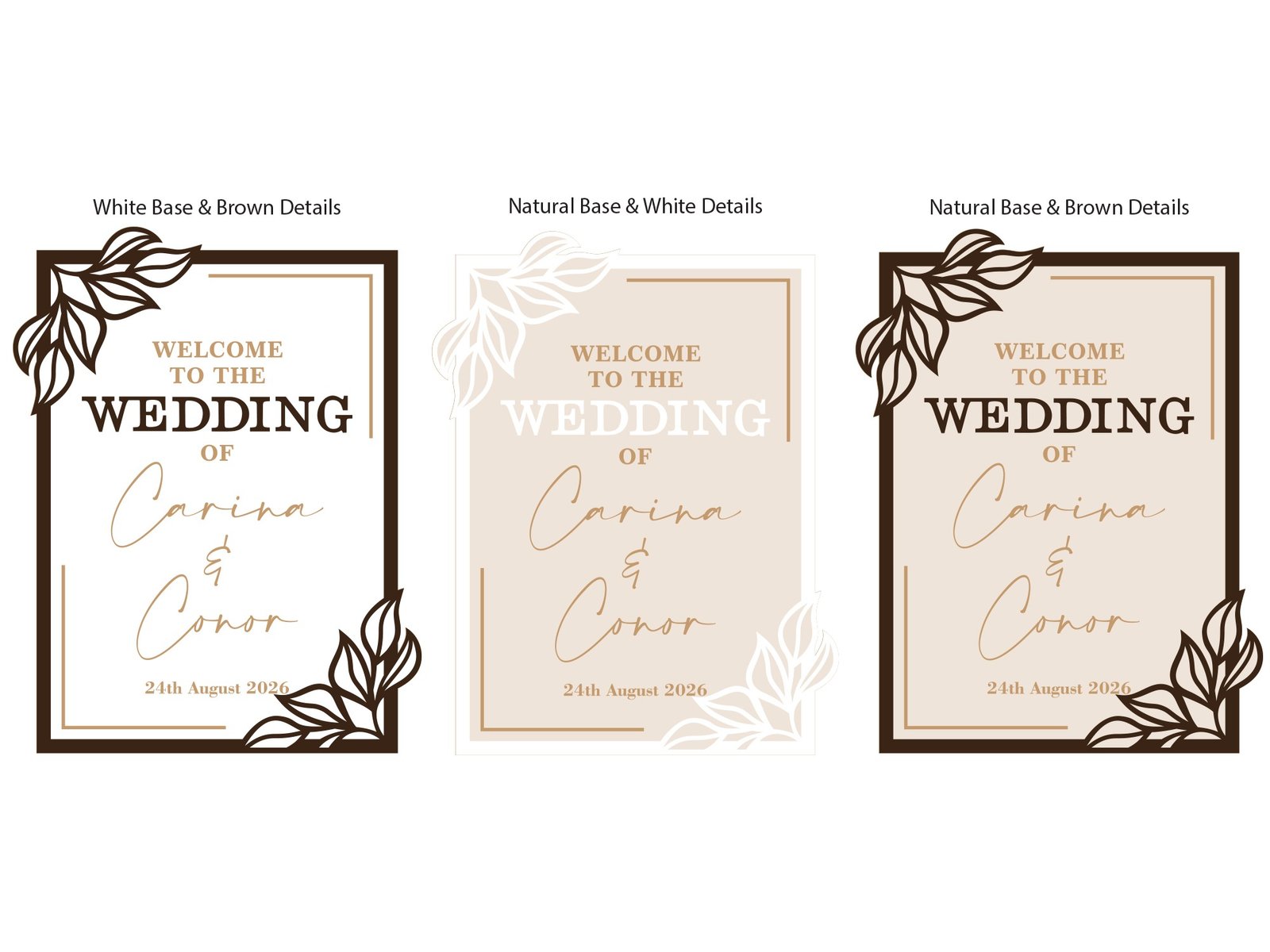 Wooden wedding welcome sign with raised lettering and decorative leaf frame design
