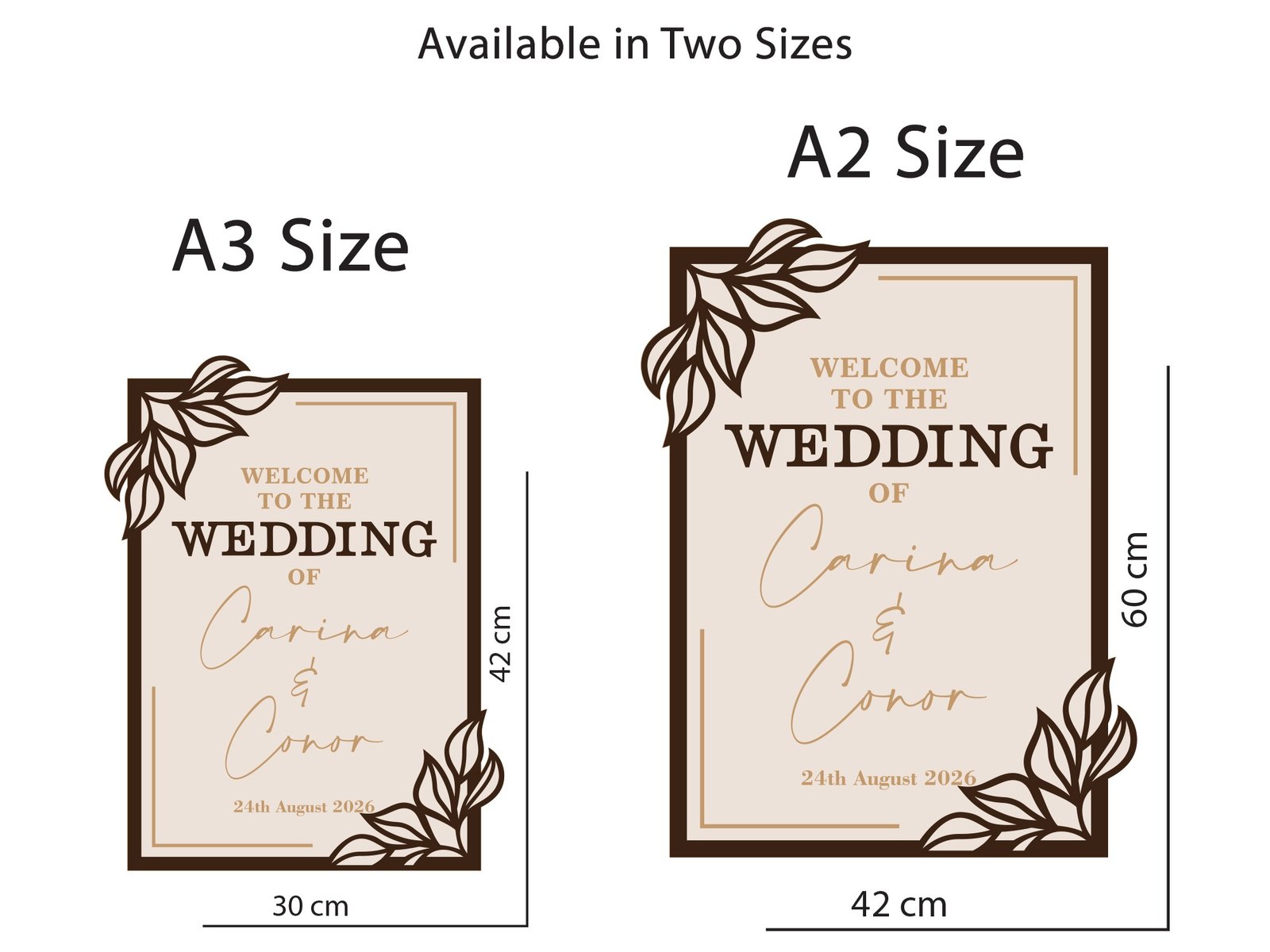 Elegant botanical wedding entrance sign personalised with couple names and date