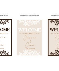 Wooden wedding welcome sign with layered botanical top and bottom details