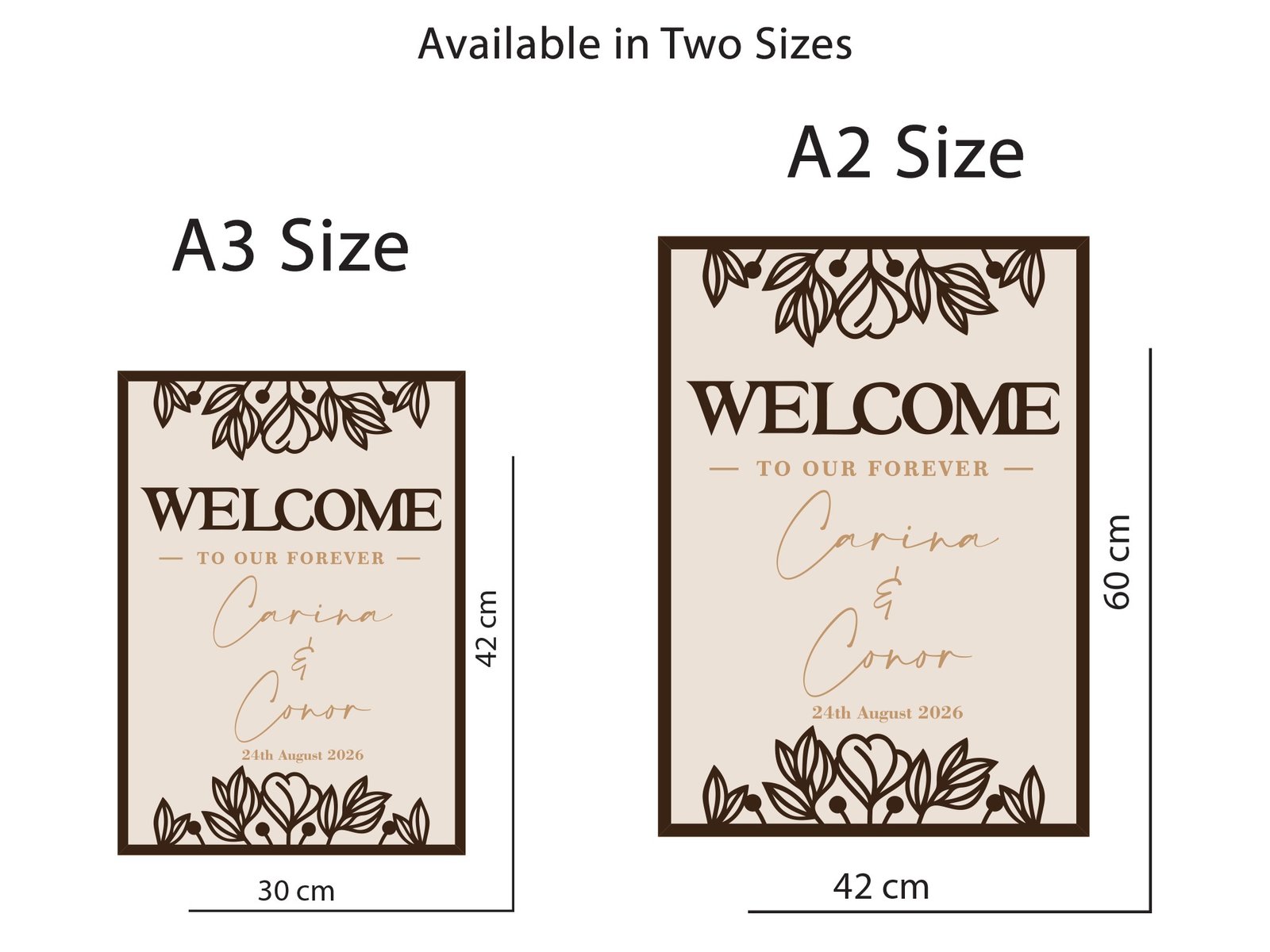 Handmade personalised wedding entrance sign with dark frame and raised lettering