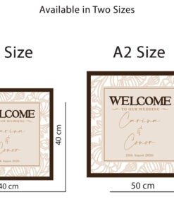 Handmade decorative wedding welcome board displayed on wooden easel