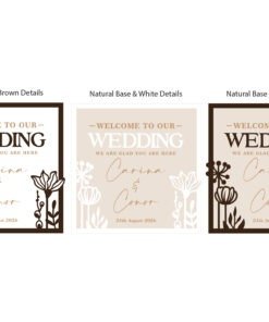 Handmade floral wedding welcome board displayed on wooden easel