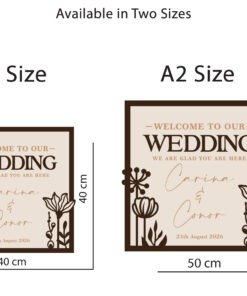 Framed wooden wedding entrance sign with layered floral detailing